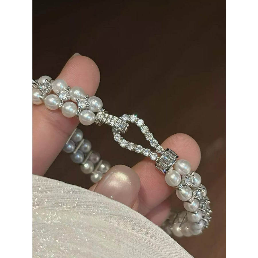 Pearl & Zircon Embellished Bracelet Silver / One Size Apparel and Accessories
