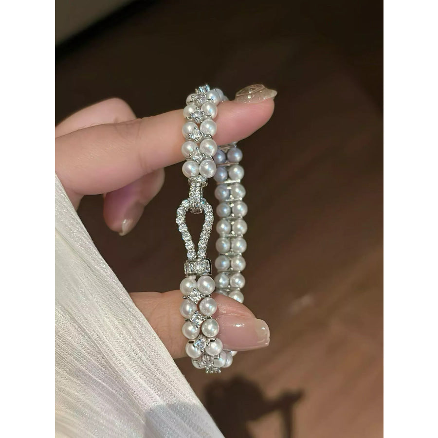 Pearl & Zircon Embellished Bracelet Silver / One Size Apparel and Accessories