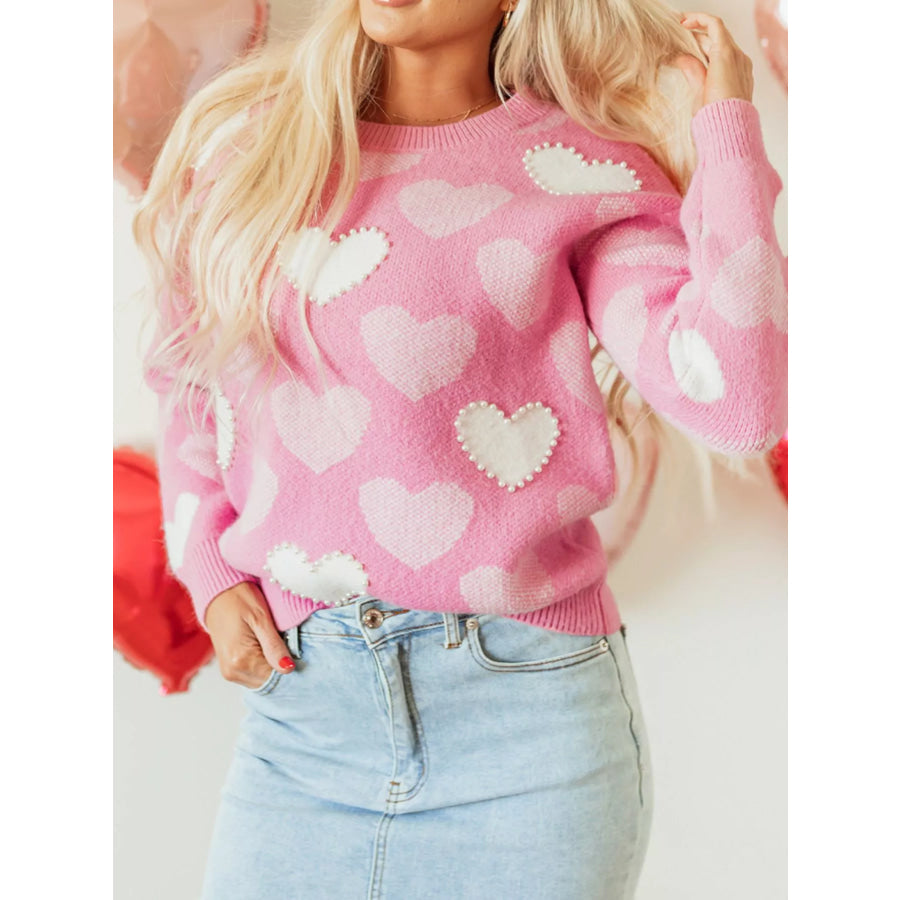 Pearled Heart Print Valentines Crew Neck Sweater Apparel and Accessories