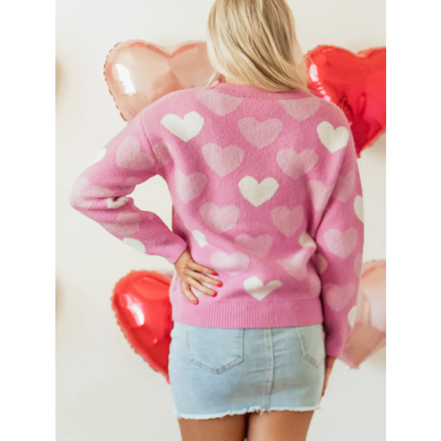 Pearled Heart Print Valentines Crew Neck Sweater Apparel and Accessories