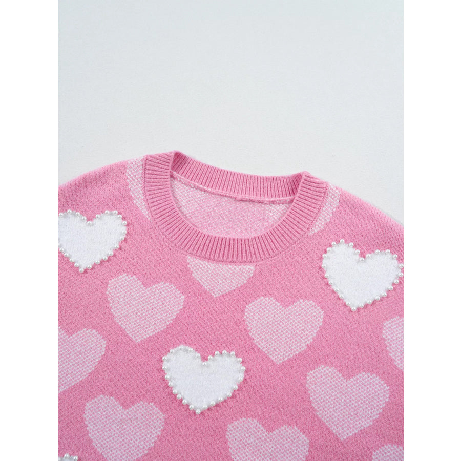 Pearled Heart Print Valentines Crew Neck Sweater Apparel and Accessories