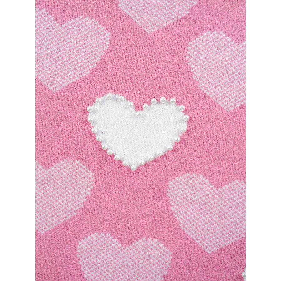 Pearled Heart Print Valentines Crew Neck Sweater Apparel and Accessories