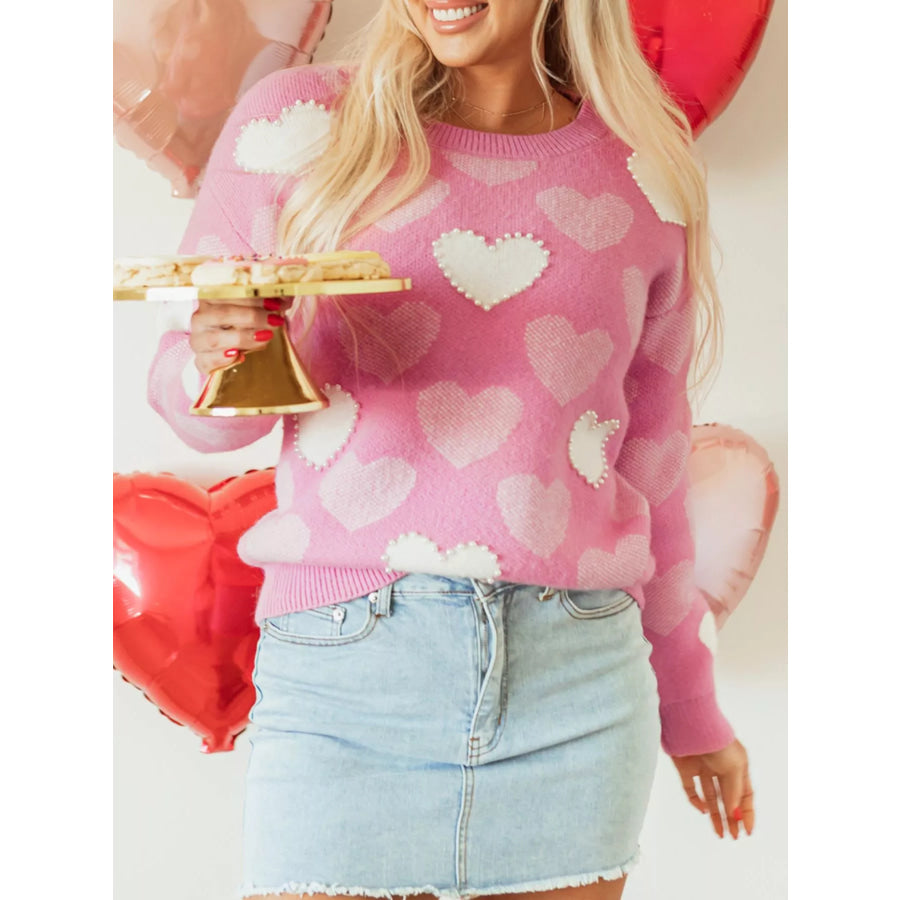 Pearled Heart Print Valentines Crew Neck Sweater Apparel and Accessories