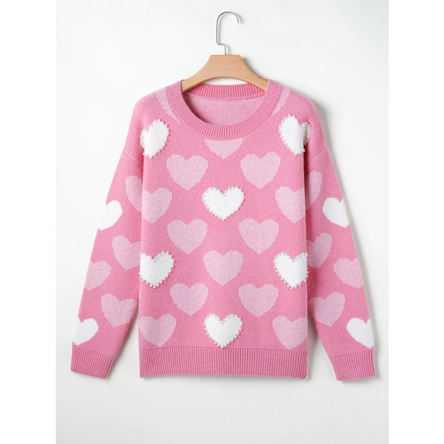 Pearled Heart Print Valentines Crew Neck Sweater Apparel and Accessories
