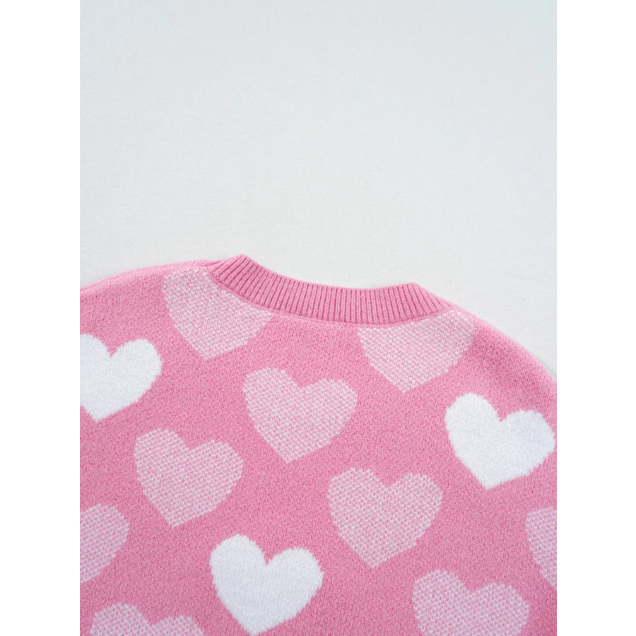 Pearled Heart Print Valentines Crew Neck Sweater Apparel and Accessories