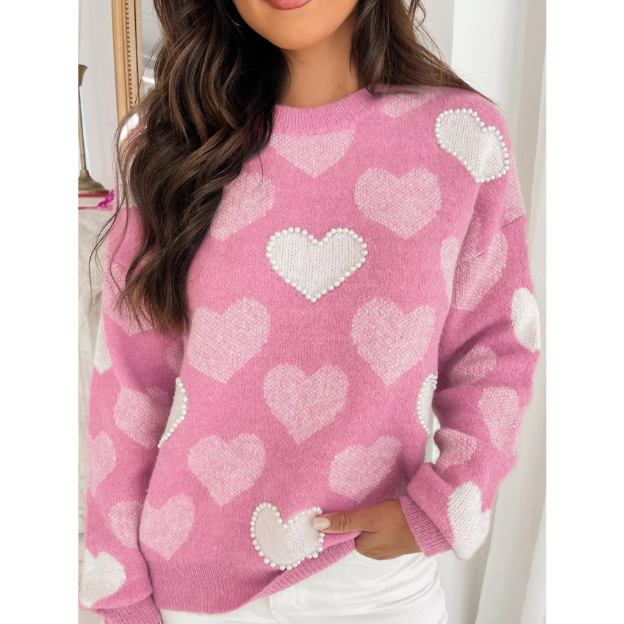 Pearled Heart Print Valentines Crew Neck Sweater Apparel and Accessories
