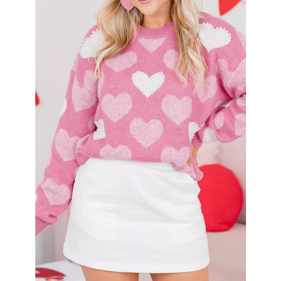 Pearled Heart Print Valentines Crew Neck Sweater Apparel and Accessories