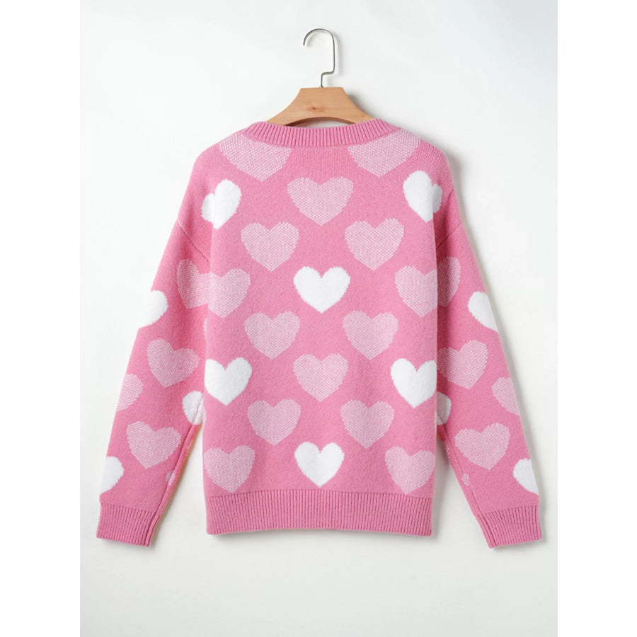 Pearled Heart Print Valentines Crew Neck Sweater Apparel and Accessories