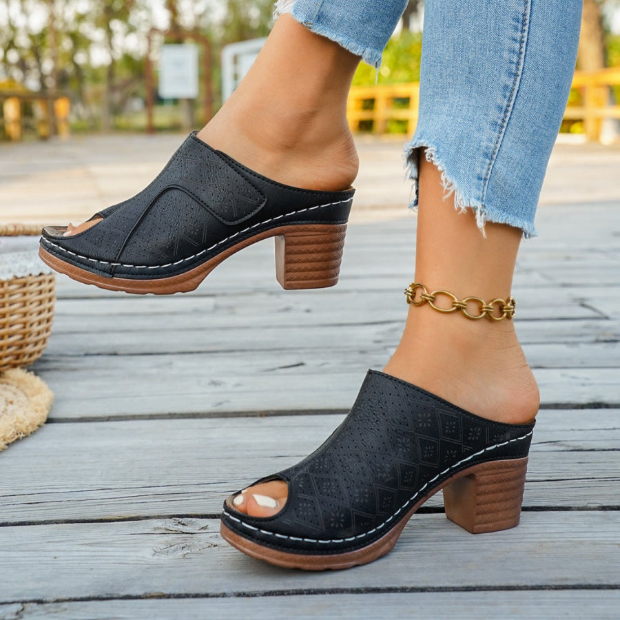 Peep Toe Block Heel Sandals Black / 36 Apparel and Accessories