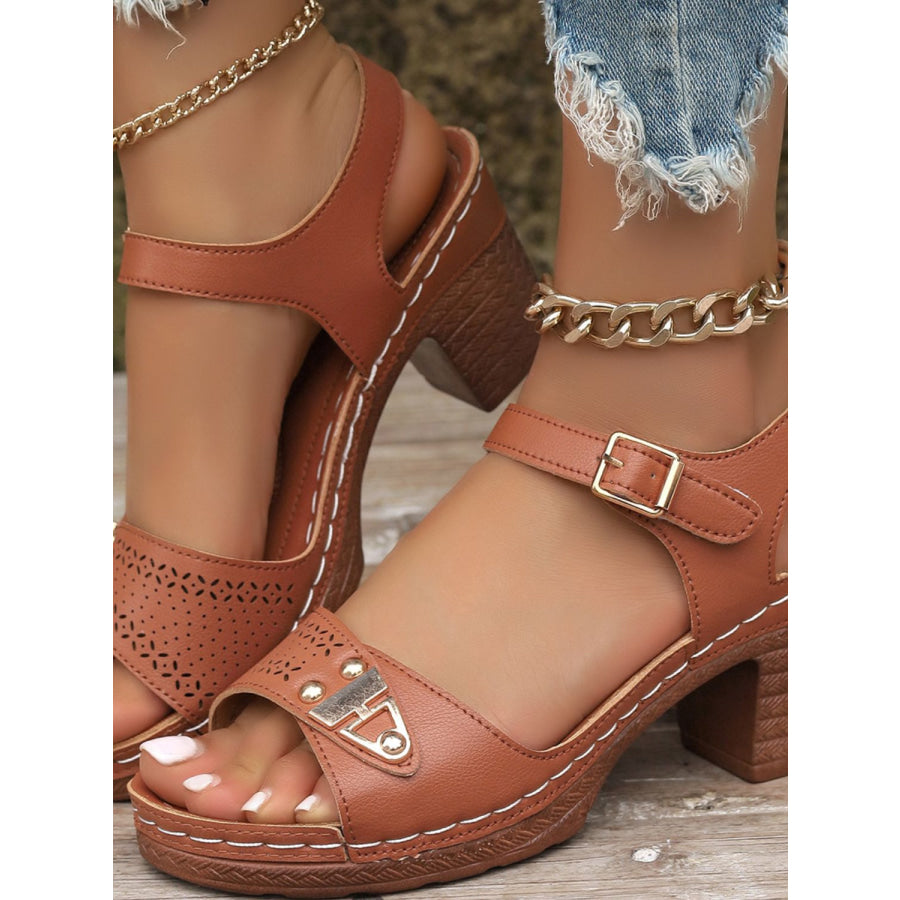 Peep Toe Block Heel Sandals Brown / 36(US5) Apparel and Accessories