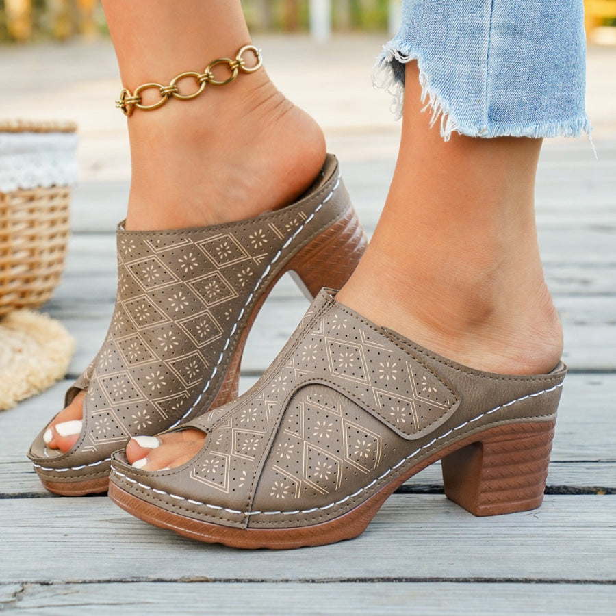 Peep Toe Block Heel Sandals Khaki / 36 Apparel and Accessories