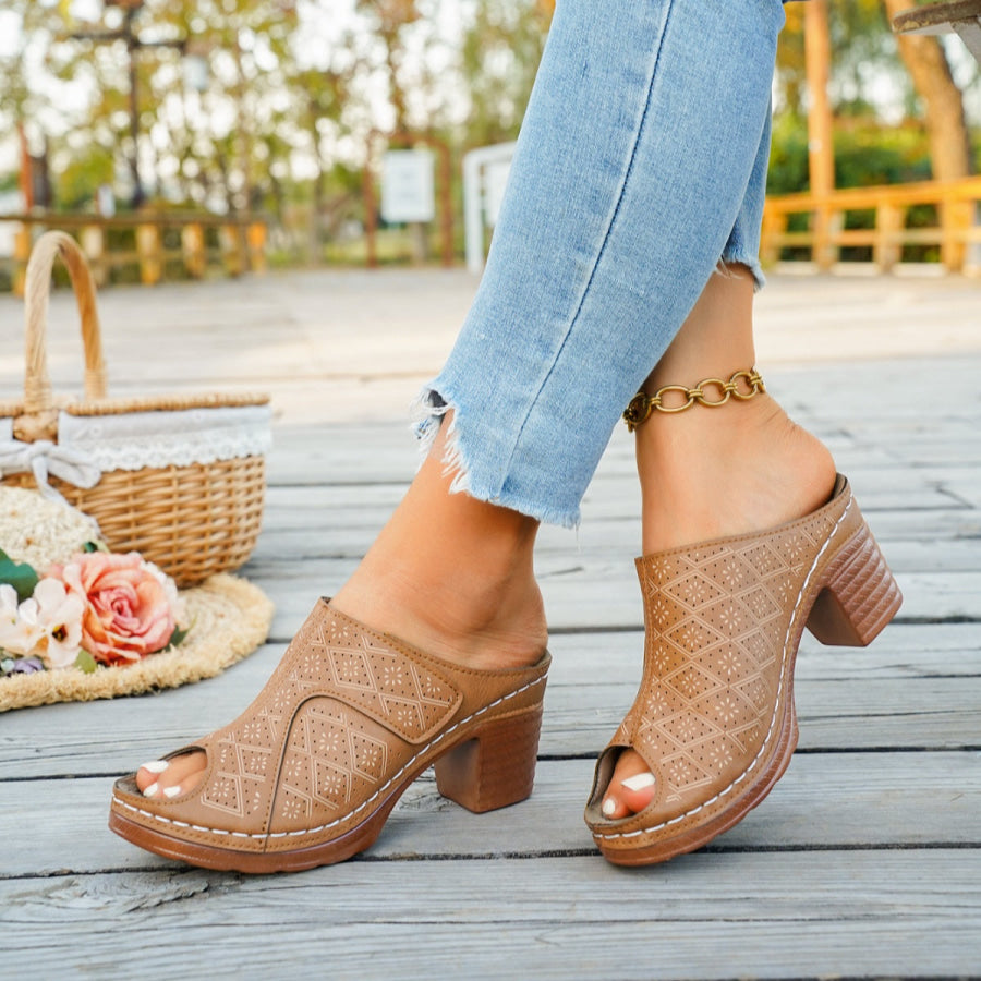 Peep Toe Block Heel Sandals Tan / 36 Apparel and Accessories