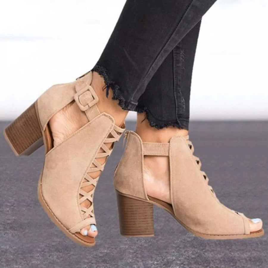 Peep Toe Block Heels Sandals Apricot / 36 Apparel and Accessories