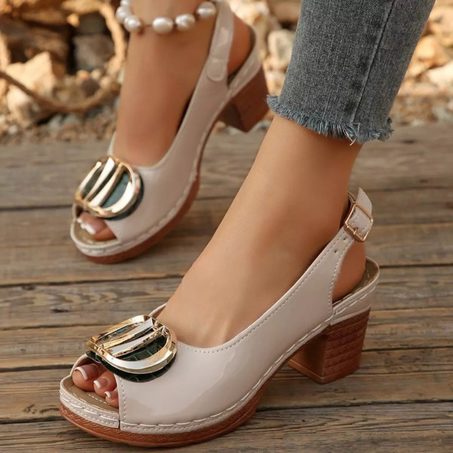 Peep Toe Block Heels Sandals Beige / 36 Apparel and Accessories