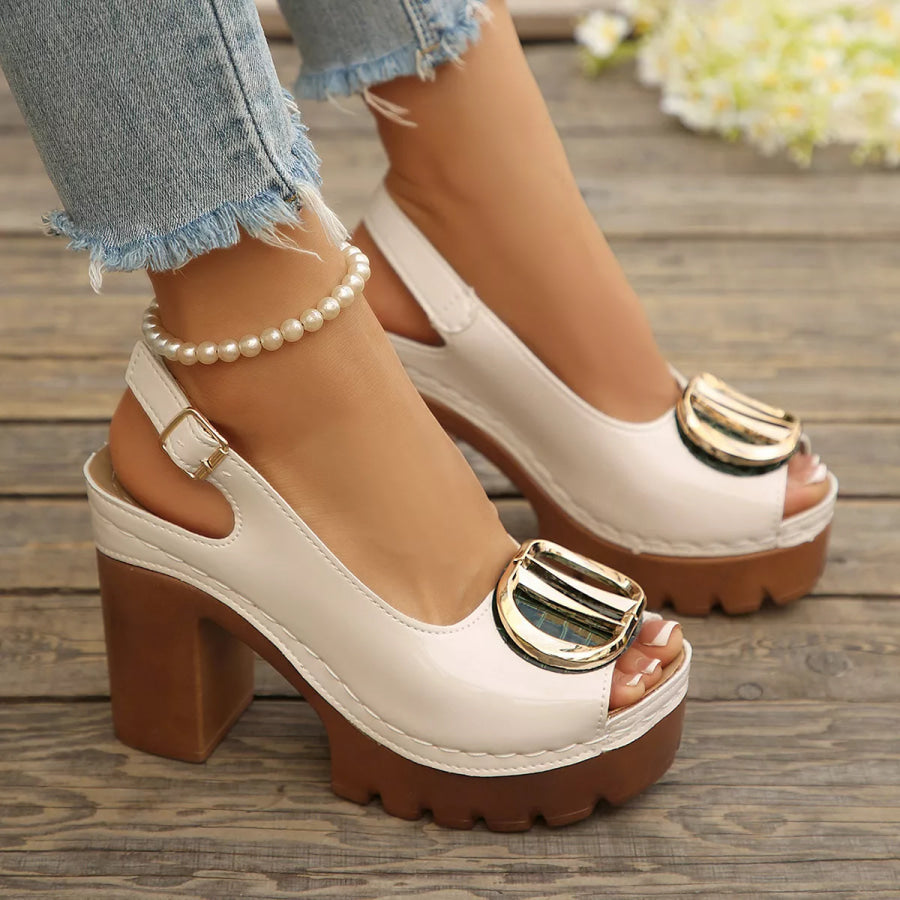 Peep Toe Block Heels Sandals Beige / 36 Apparel and Accessories