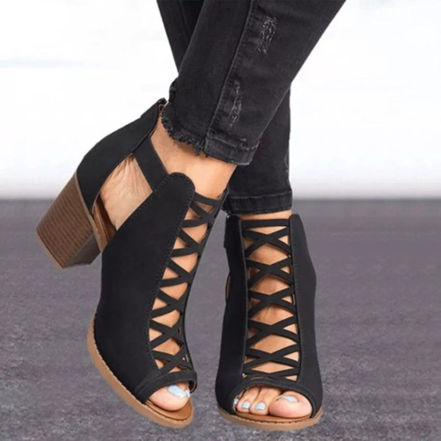 Peep Toe Block Heels Sandals Black / 36 Apparel and Accessories