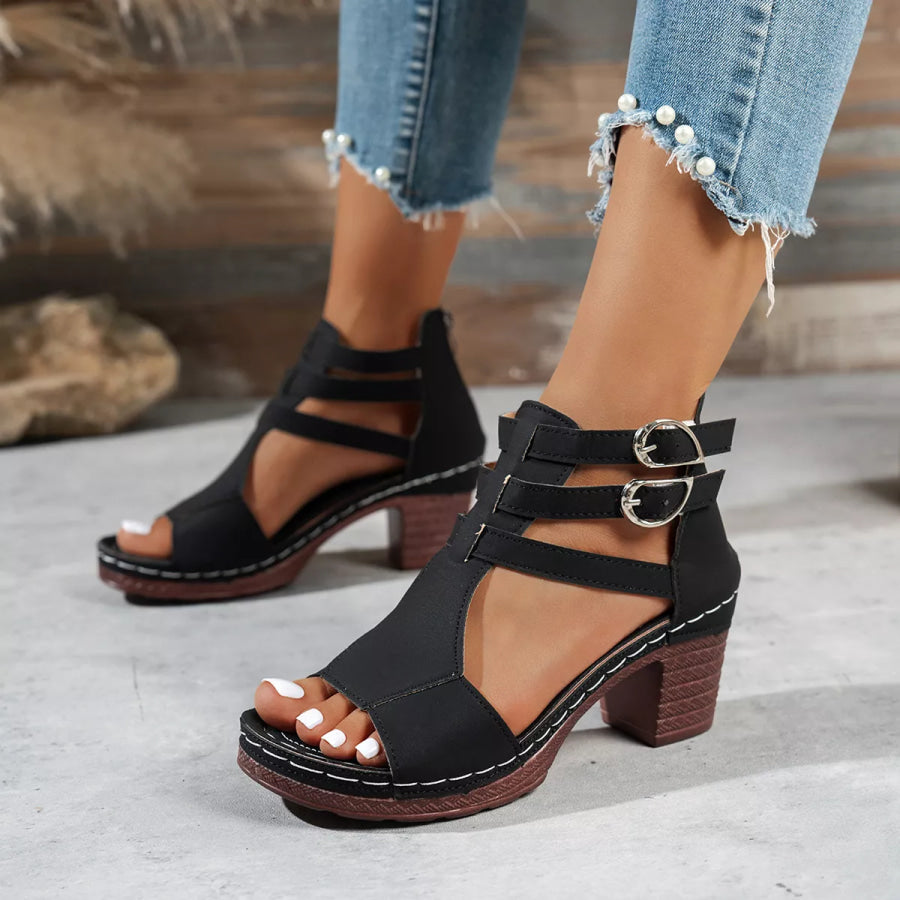 Peep Toe Block Heels Sandals Black / 36 Apparel and Accessories