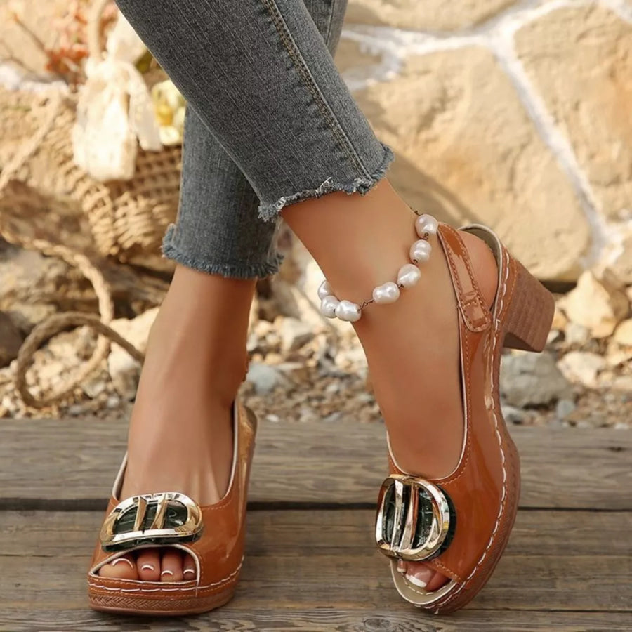 Peep Toe Block Heels Sandals Brown / 36 Apparel and Accessories