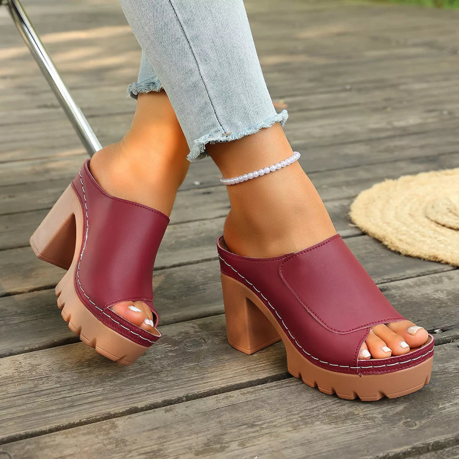 Peep Toe Block Heels Sandals Burgundy / 36 Apparel and Accessories