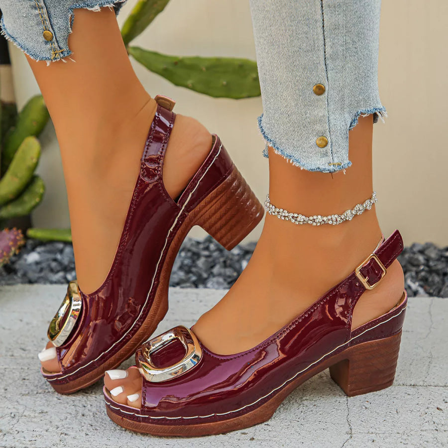 Peep Toe Block Heels Sandals Burgundy / 36 Apparel and Accessories