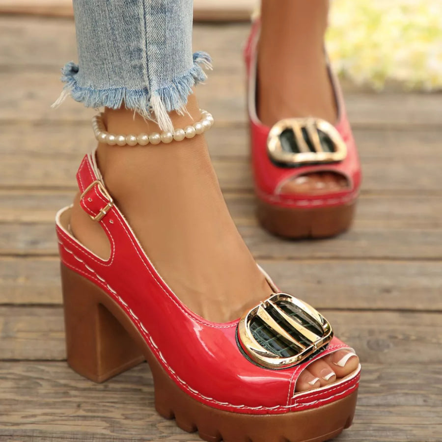 Peep Toe Block Heels Sandals Red / 36 Apparel and Accessories