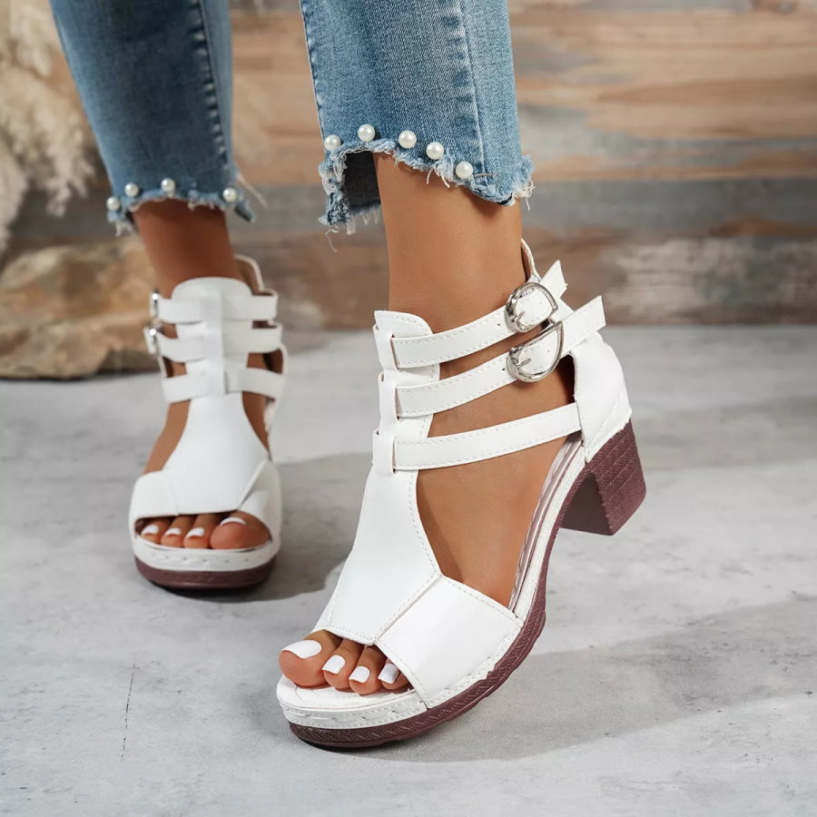 Peep Toe Block Heels Sandals White / 36 Apparel and Accessories