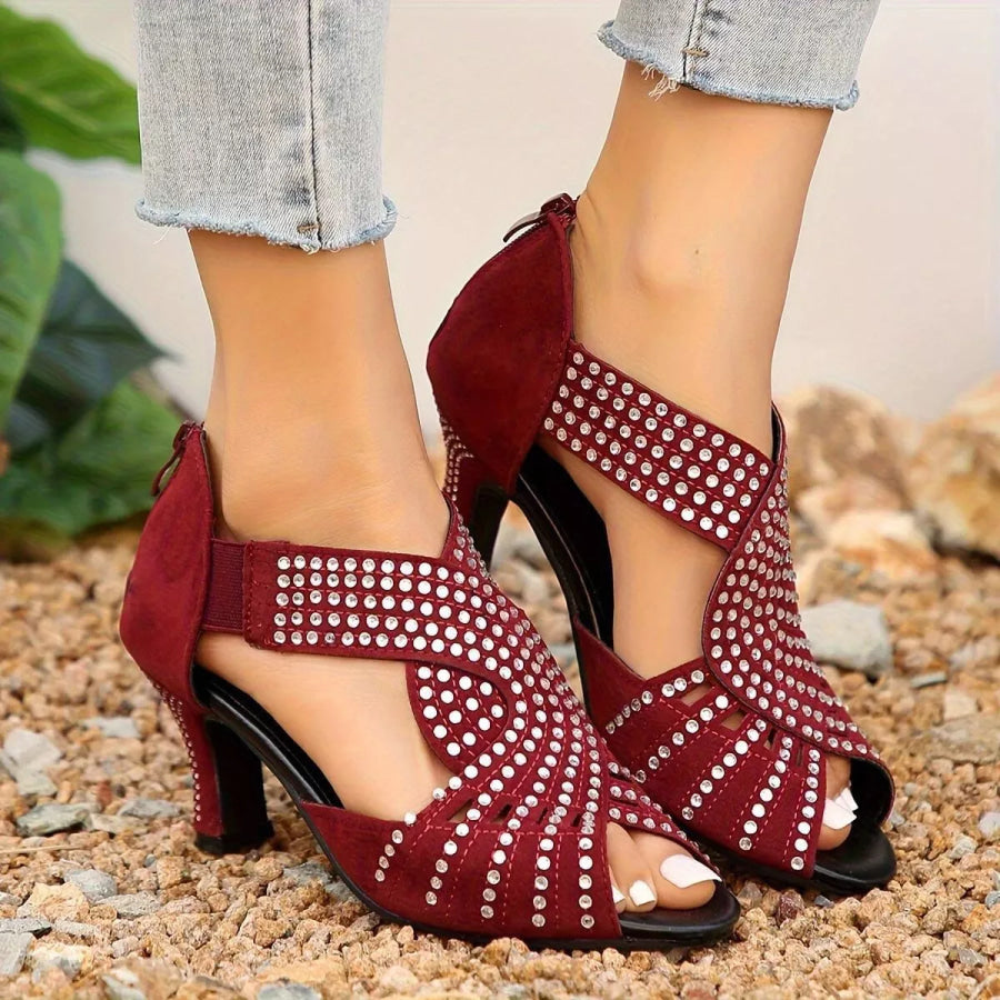 Peep Toe Block Heels Sandals Wine Red / 36 Apparel and Accessories