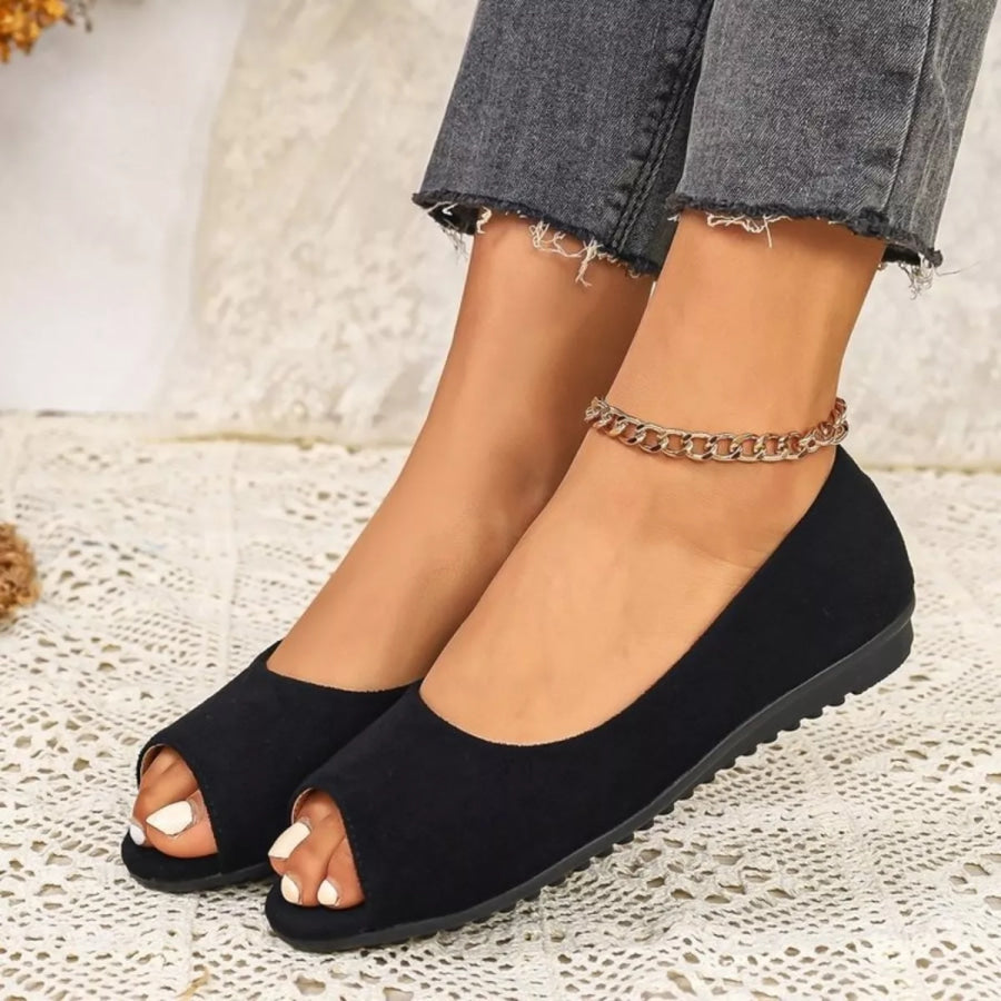 Peep Toe Flats Sandals Black / 35 Apparel and Accessories