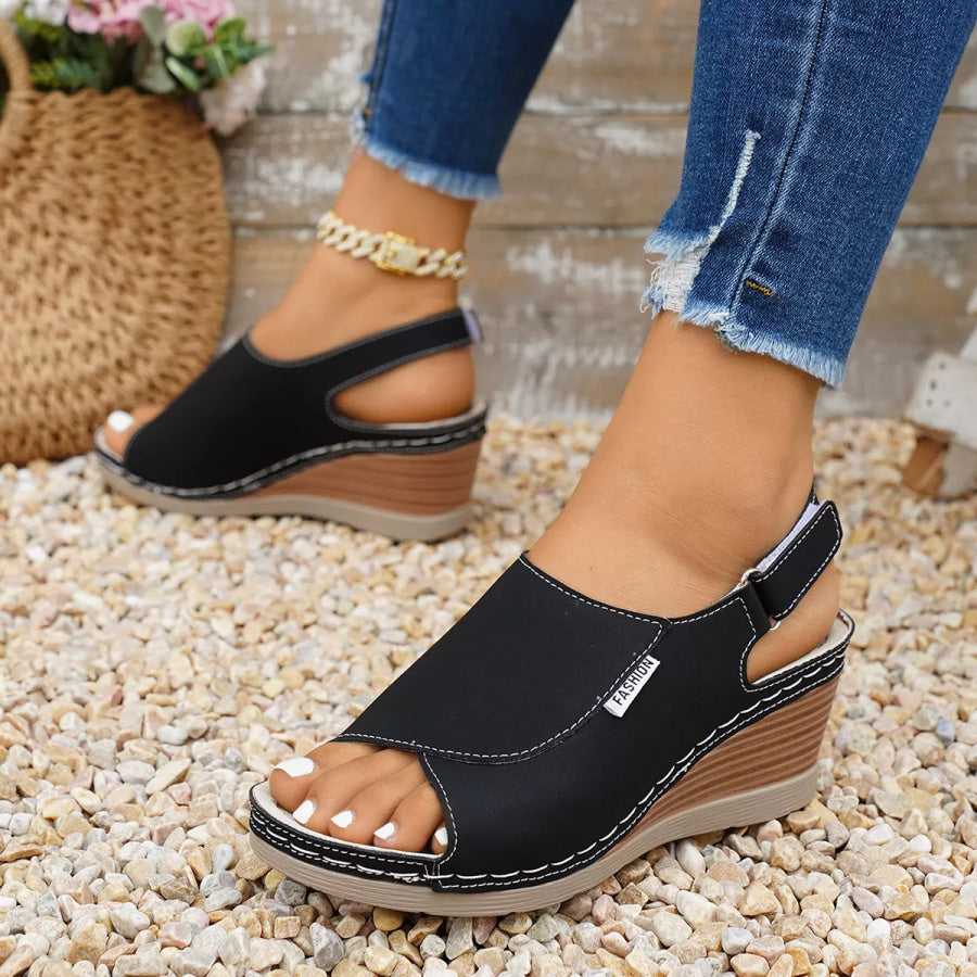 Peep Toe Wedge Sandals Black / 36 Apparel and Accessories