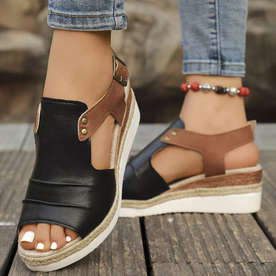 Peep Toe Wedge Sandals Black / 36 Apparel and Accessories