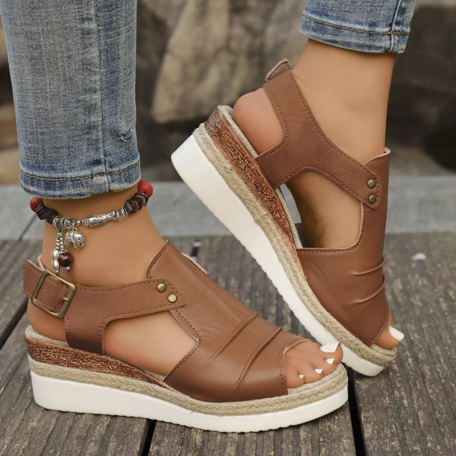 Peep Toe Wedge Sandals Dark Brown / 36 Apparel and Accessories