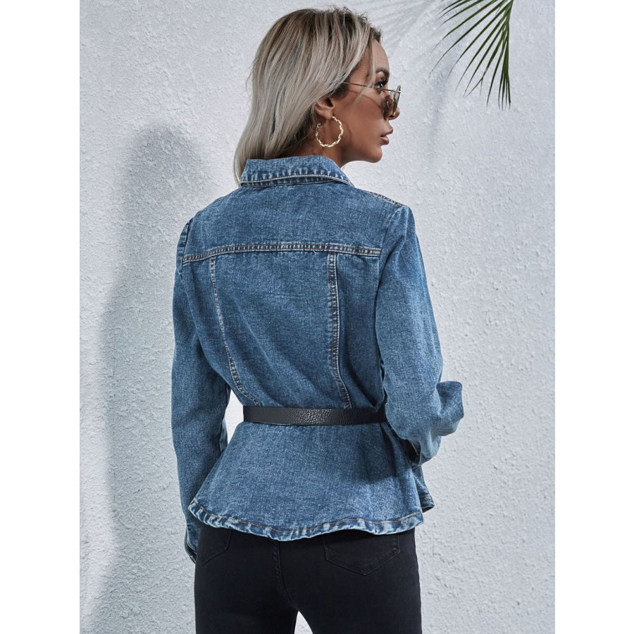 Peplum Collared Neck Long Sleeve Denim Top Apparel and Accessories