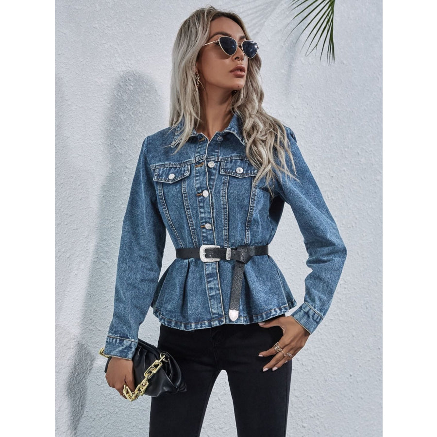 Peplum Collared Neck Long Sleeve Denim Top Apparel and Accessories