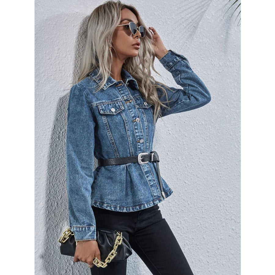 Peplum Collared Neck Long Sleeve Denim Top Apparel and Accessories