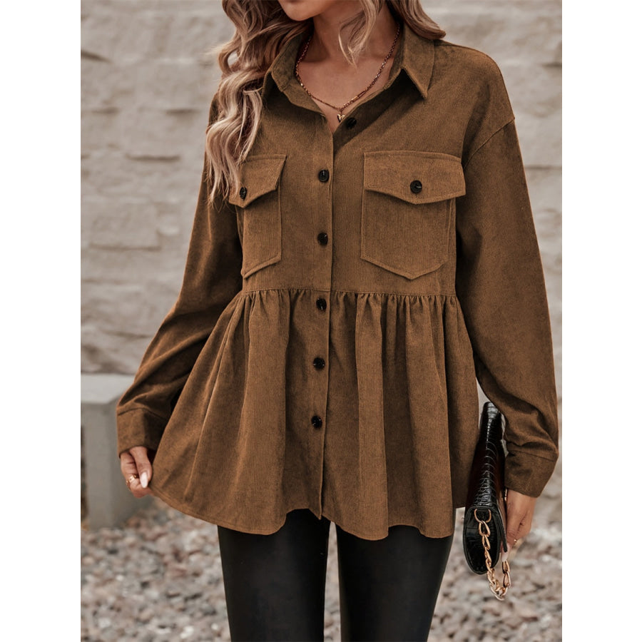 Peplum Collared Neck Long Sleeve Shacket Apparel and Accessories