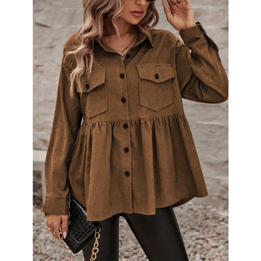 Peplum Collared Neck Long Sleeve Shacket Brown / S Apparel and Accessories