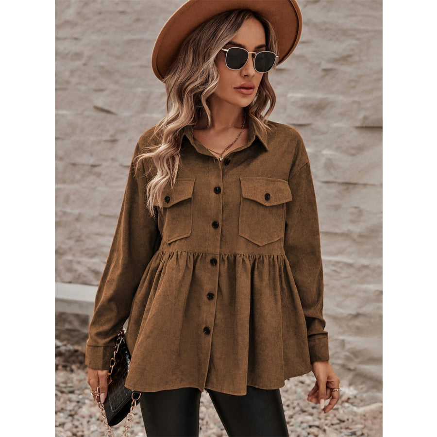 Peplum Collared Neck Long Sleeve Shacket Apparel and Accessories