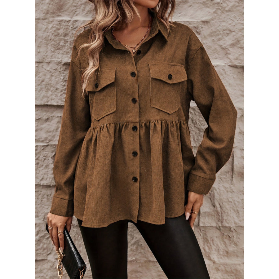 Peplum Collared Neck Long Sleeve Shacket Brown / S Apparel and Accessories