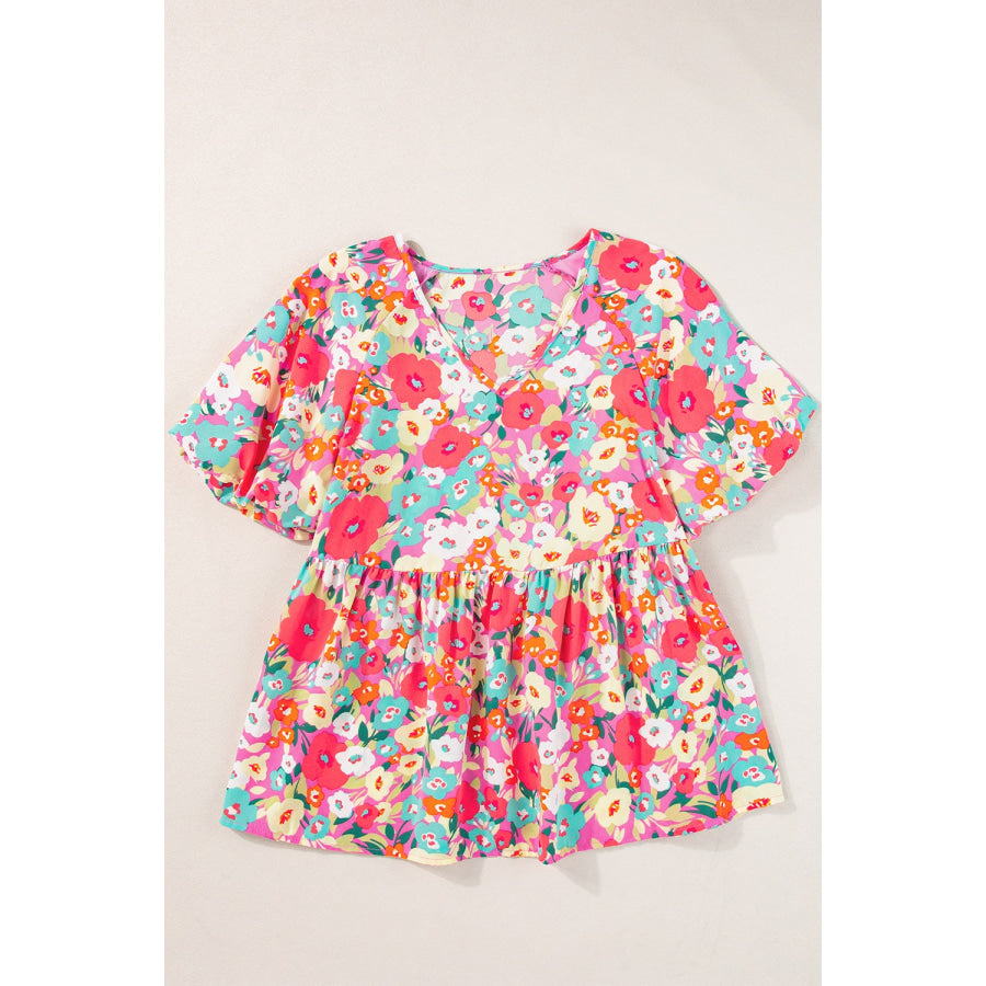 Peplum Floral V-Neck Short Sleeve Blouse Apparel and Accessories