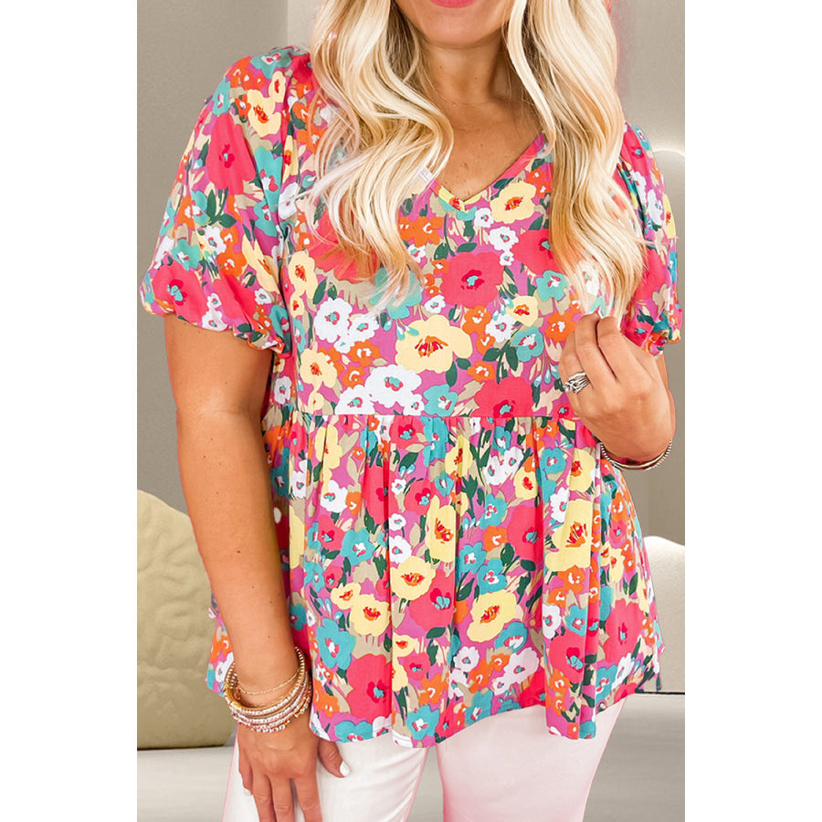 Peplum Floral V-Neck Short Sleeve Blouse Floral / S Apparel and Accessories
