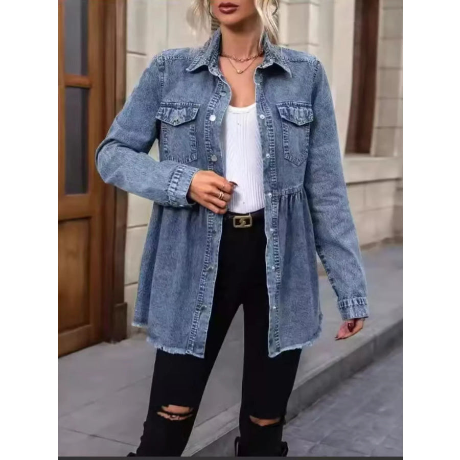 Peplum Hem Denim Jacket with Button-Down Front Dusty Blue / S Apparel and Accessories
