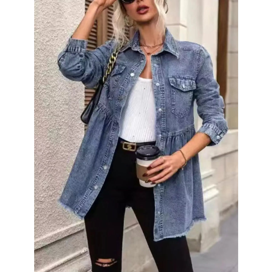 Peplum Hem Denim Jacket with Button-Down Front Dusty Blue / S Apparel and Accessories
