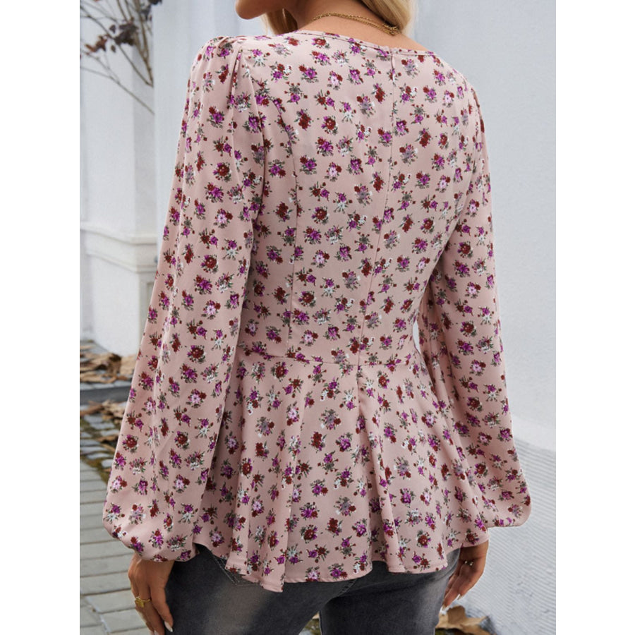 Peplum Printed Long Sleeve Blouse Dusty Pink / S Apparel and Accessories