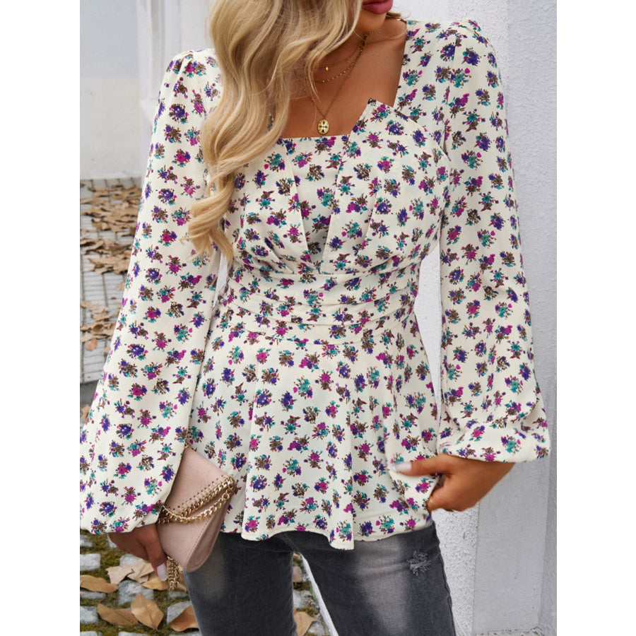 Peplum Printed Long Sleeve Blouse Apparel and Accessories