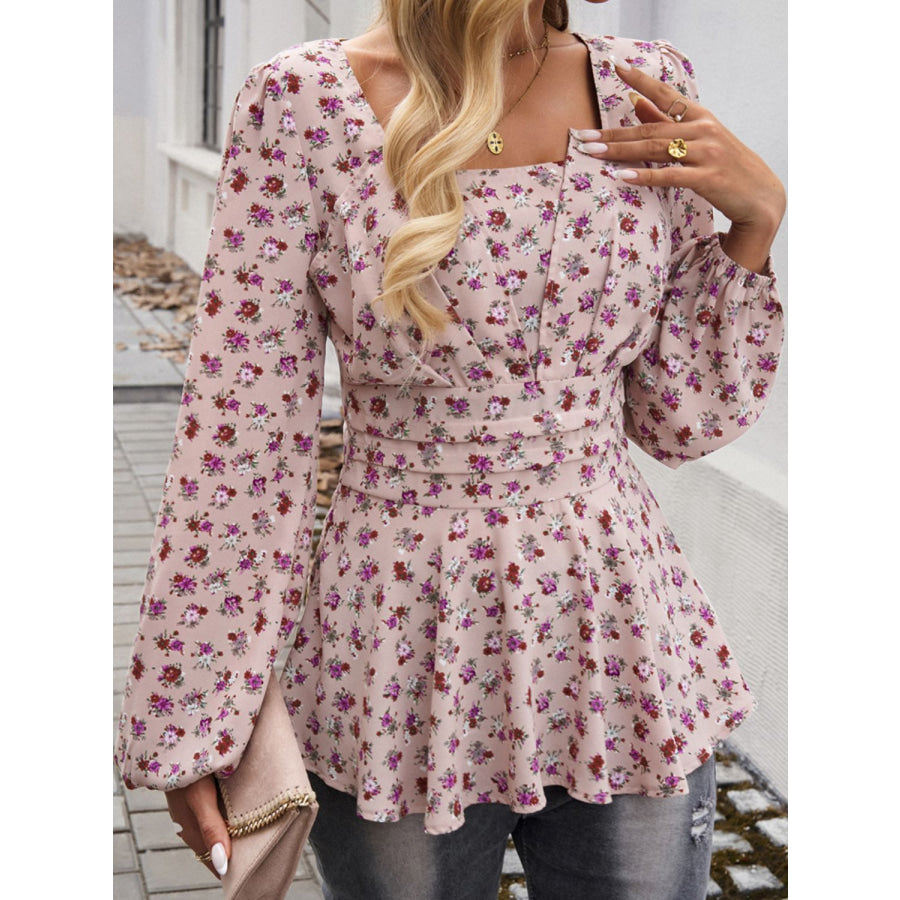 Peplum Printed Long Sleeve Blouse Dusty Pink / S Apparel and Accessories