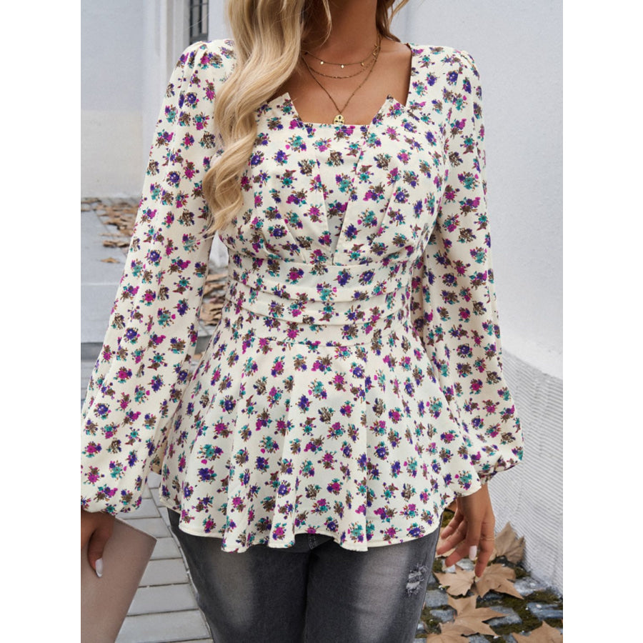 Peplum Printed Long Sleeve Blouse Ivory / S Apparel and Accessories