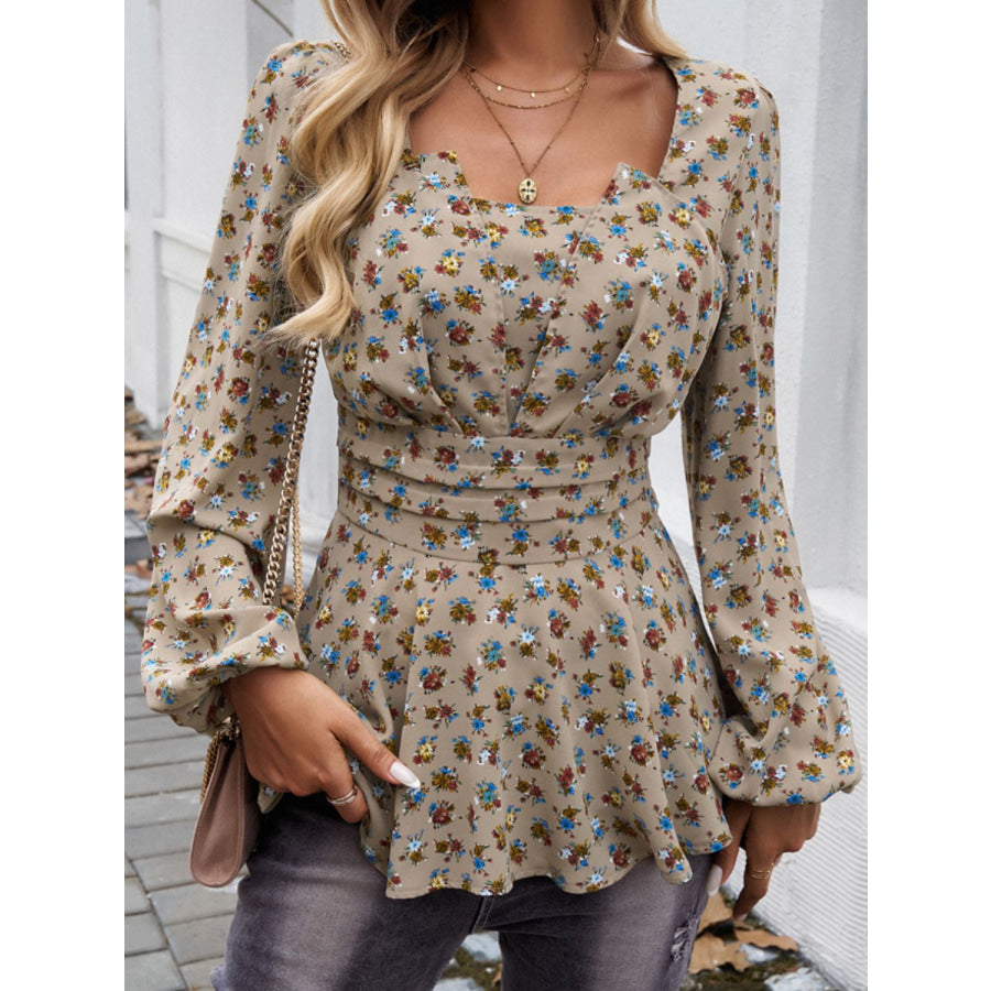 Peplum Printed Long Sleeve Blouse Khaki / S Apparel and Accessories