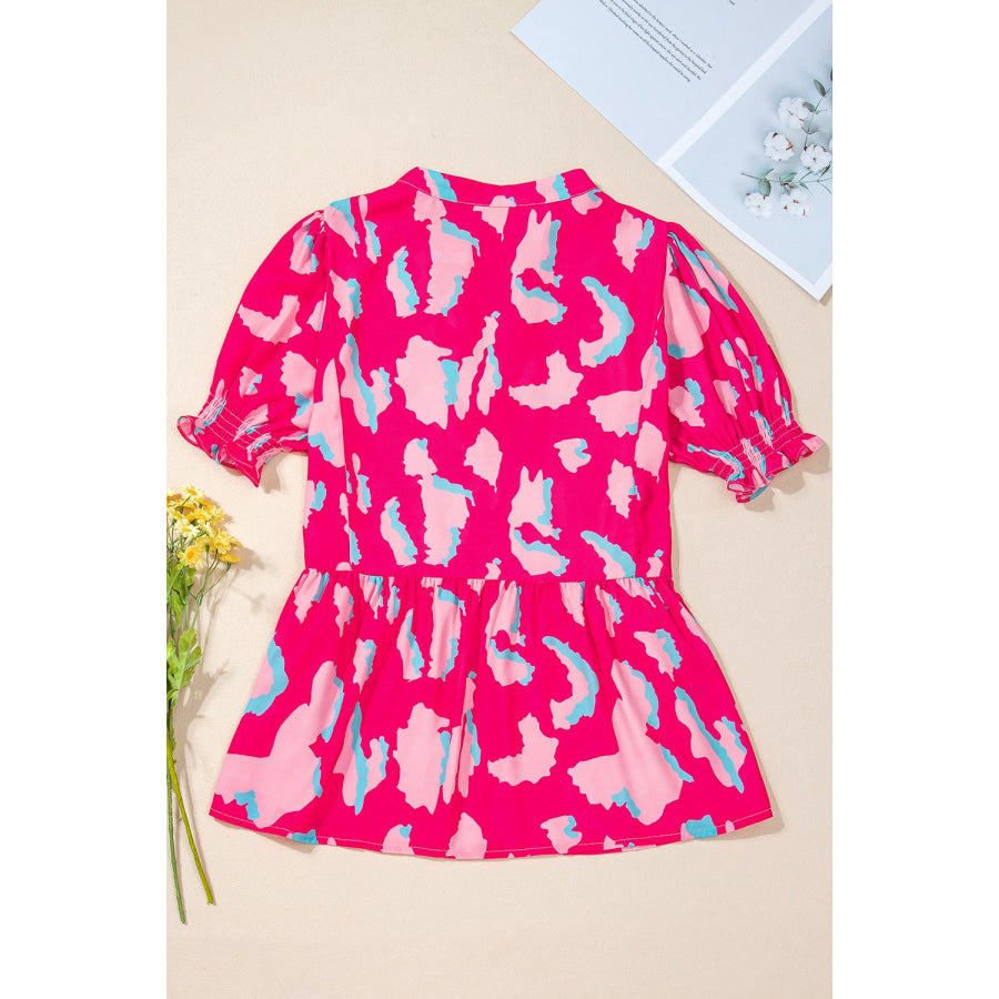 Peplum Printed Notched Short Sleeve Blouse Apparel and Accessories