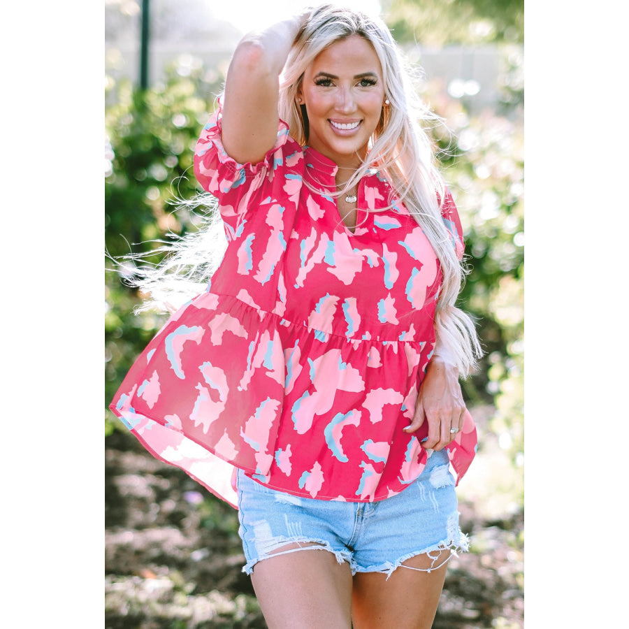 Peplum Printed Notched Short Sleeve Blouse Apparel and Accessories