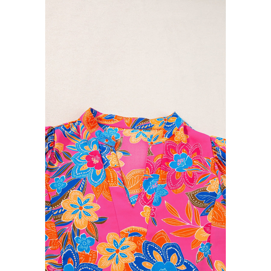 Peplum Printed Notched Short Sleeve Blouse Apparel and Accessories